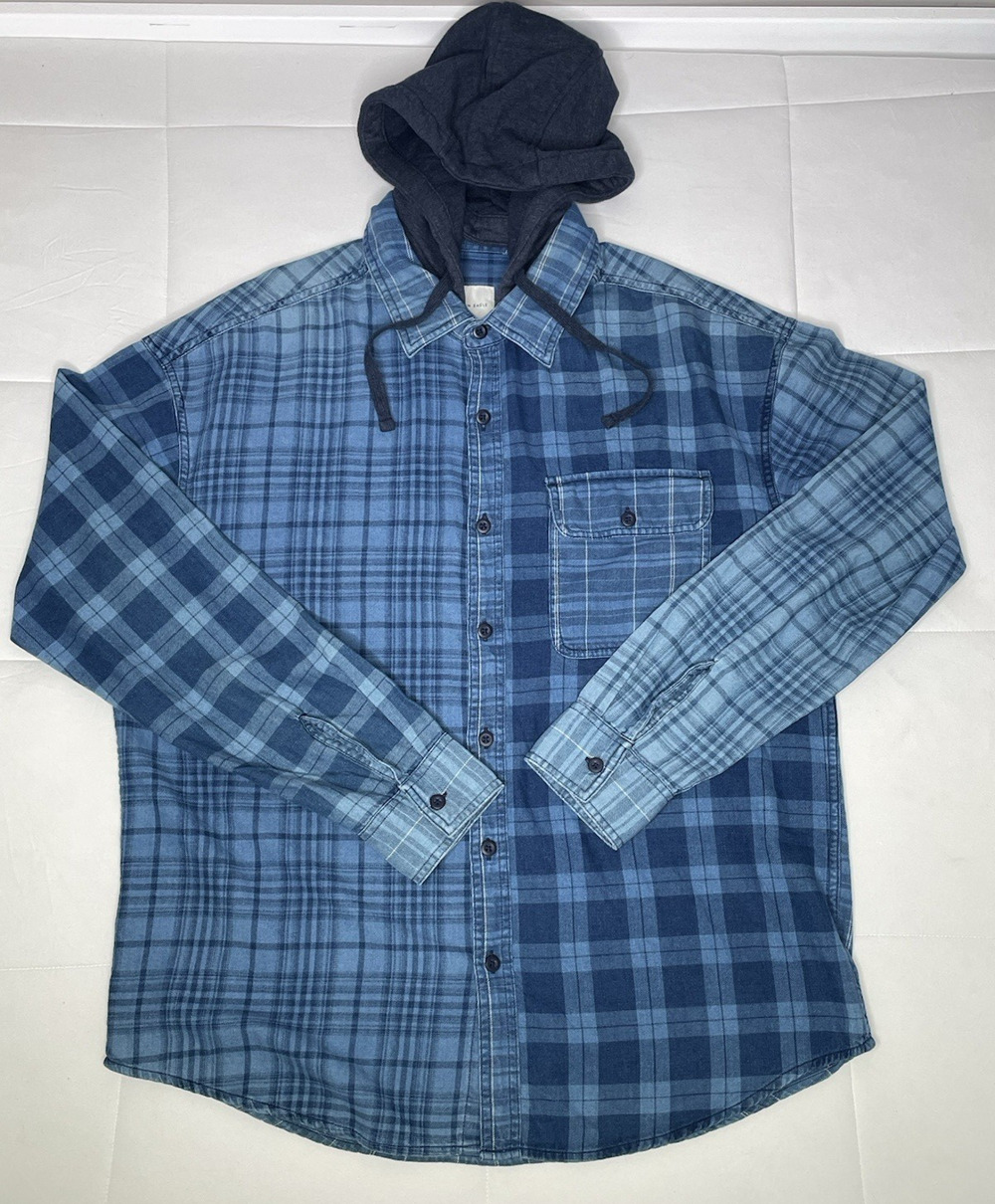 American Eagle Super Soft Blue Plaid Colorblock Removable Hood Shirt L